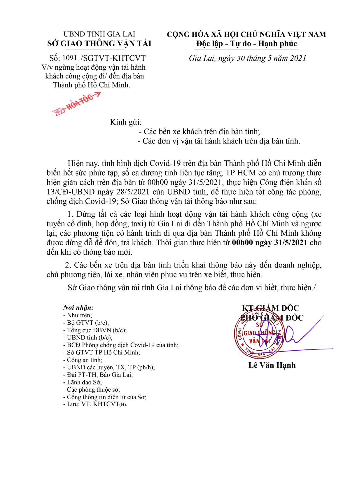 Công văn số 1091 của Sở Giao thông vận tải thông báo ngừng hoạt động vận tải hành khách công cộng đi/đến địa bàn TP. Hồ Chí Minh