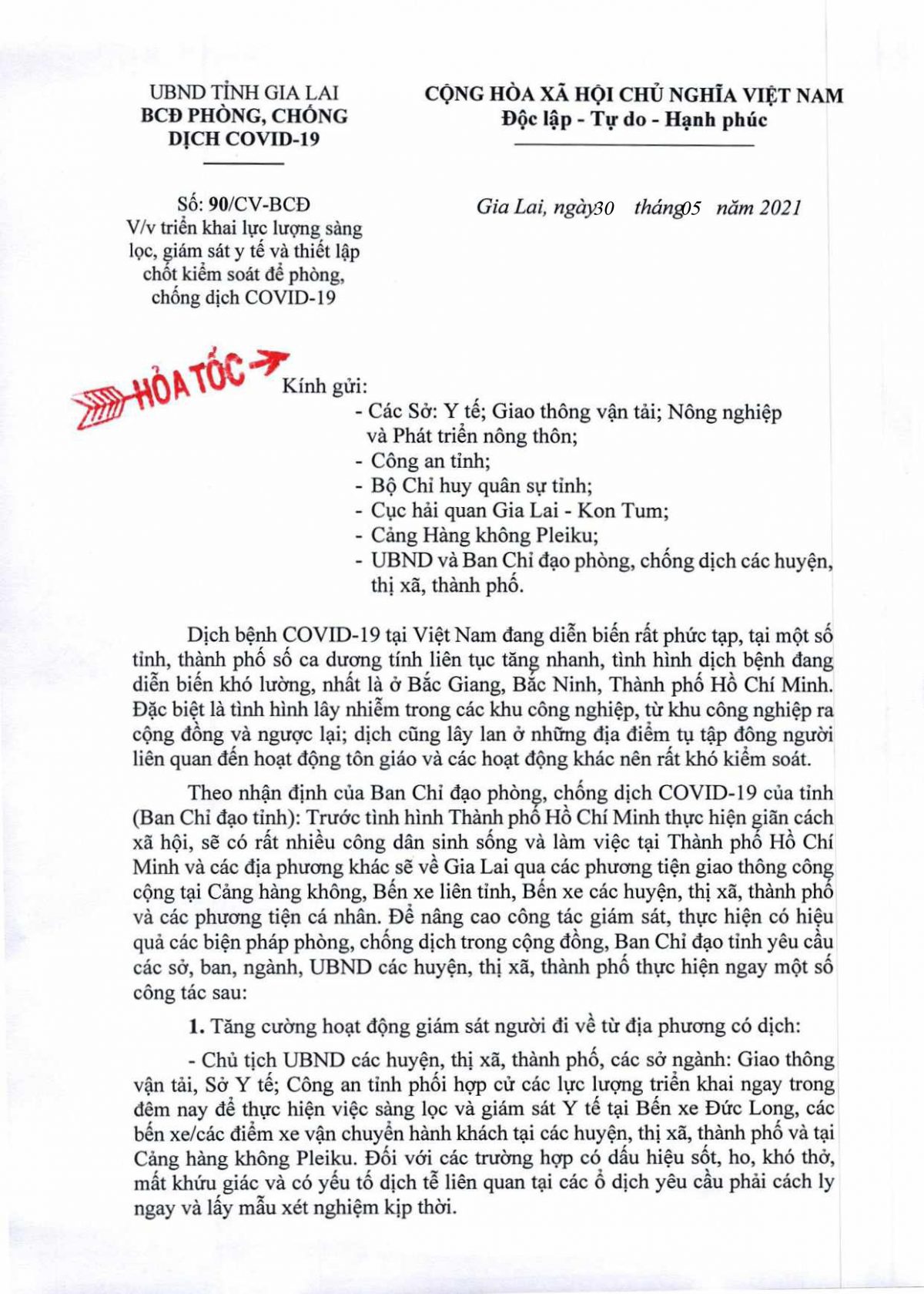 Công văn hỏa tốc số 90 của Ban Chỉ đạo Phòng chống Covid-19 tỉnh Gia Lai về việc triển khai lực lượng sàng lọc, giám sát y tế và thiết lập chốt kiểm soát để phòng, chống dịch Covid-19