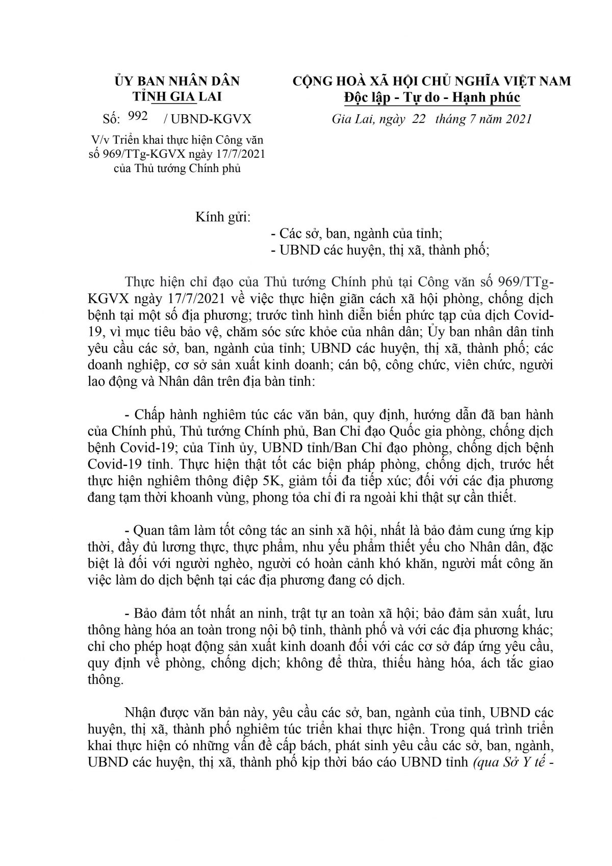Công văn số 992 của Ủy ban nhân dân tỉnh Gia Lai