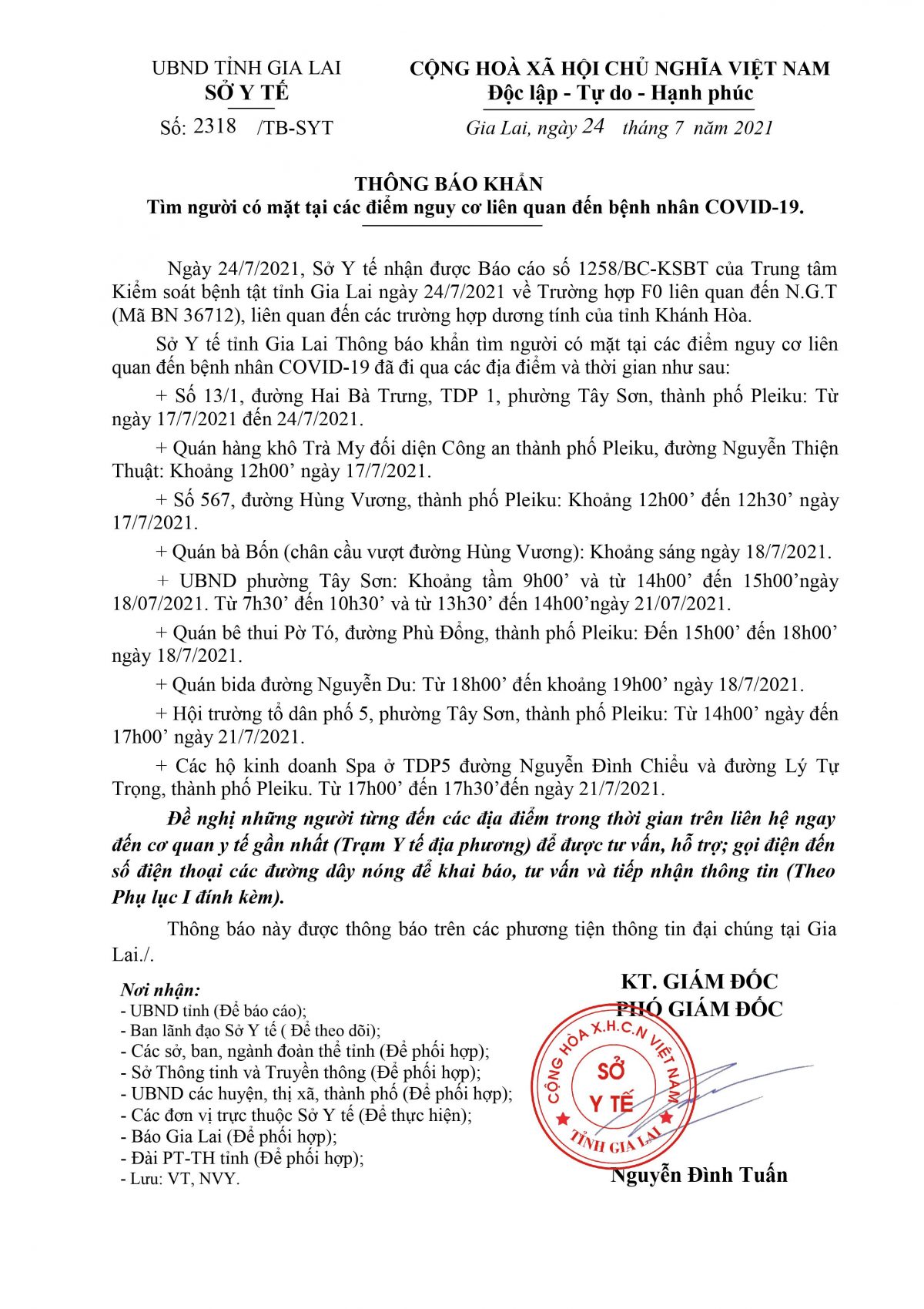 Thông báo khẩn số 2318 của Sở Y tế tỉnh Gia Lai