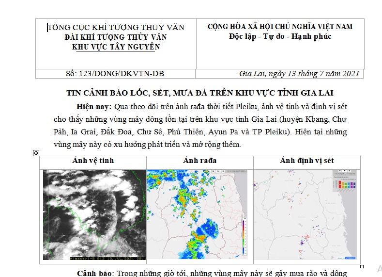 Cảnh báo lốc, sét, mưa đá trên khu vực tỉnh Gia Lai 13-7-2021
