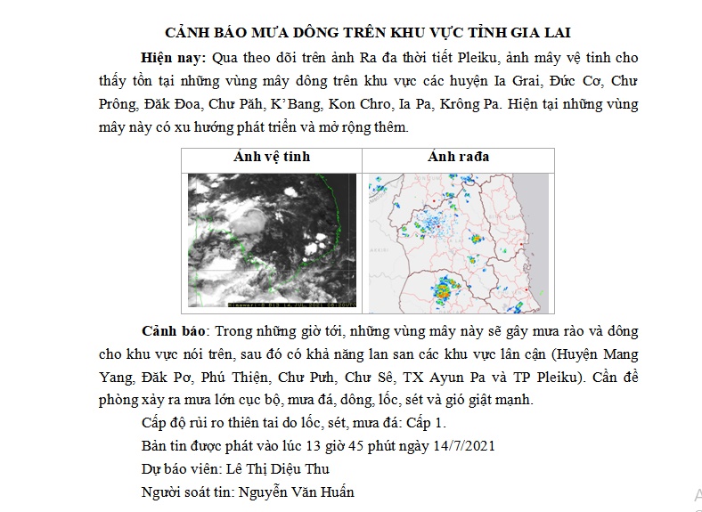 Cảnh báo lốc, sét, mưa đá trên khu vực tỉnh Gia Lai 14-7-2021