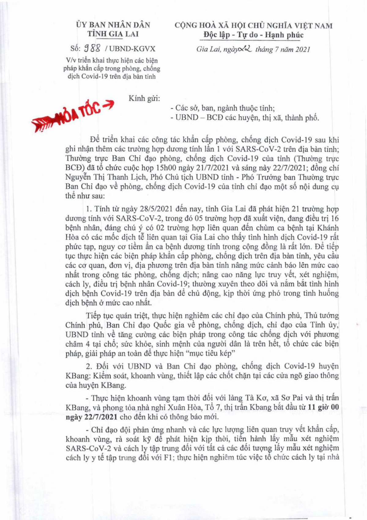 Công văn hỏa tốc số 988 của Ủy ban nhân dân tỉnh Gia Lai
