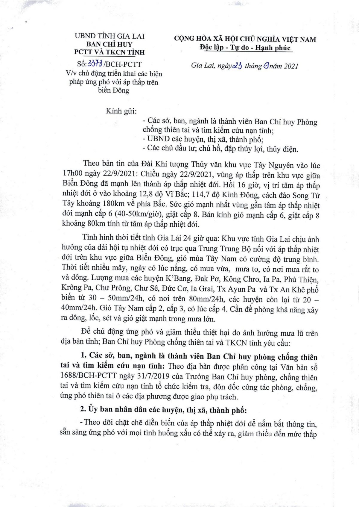 Công văn 3373 của Ban Chỉ huy Phòng chống thiên tai và Tìm kiếm cứu nạn tỉnh Gia Lai