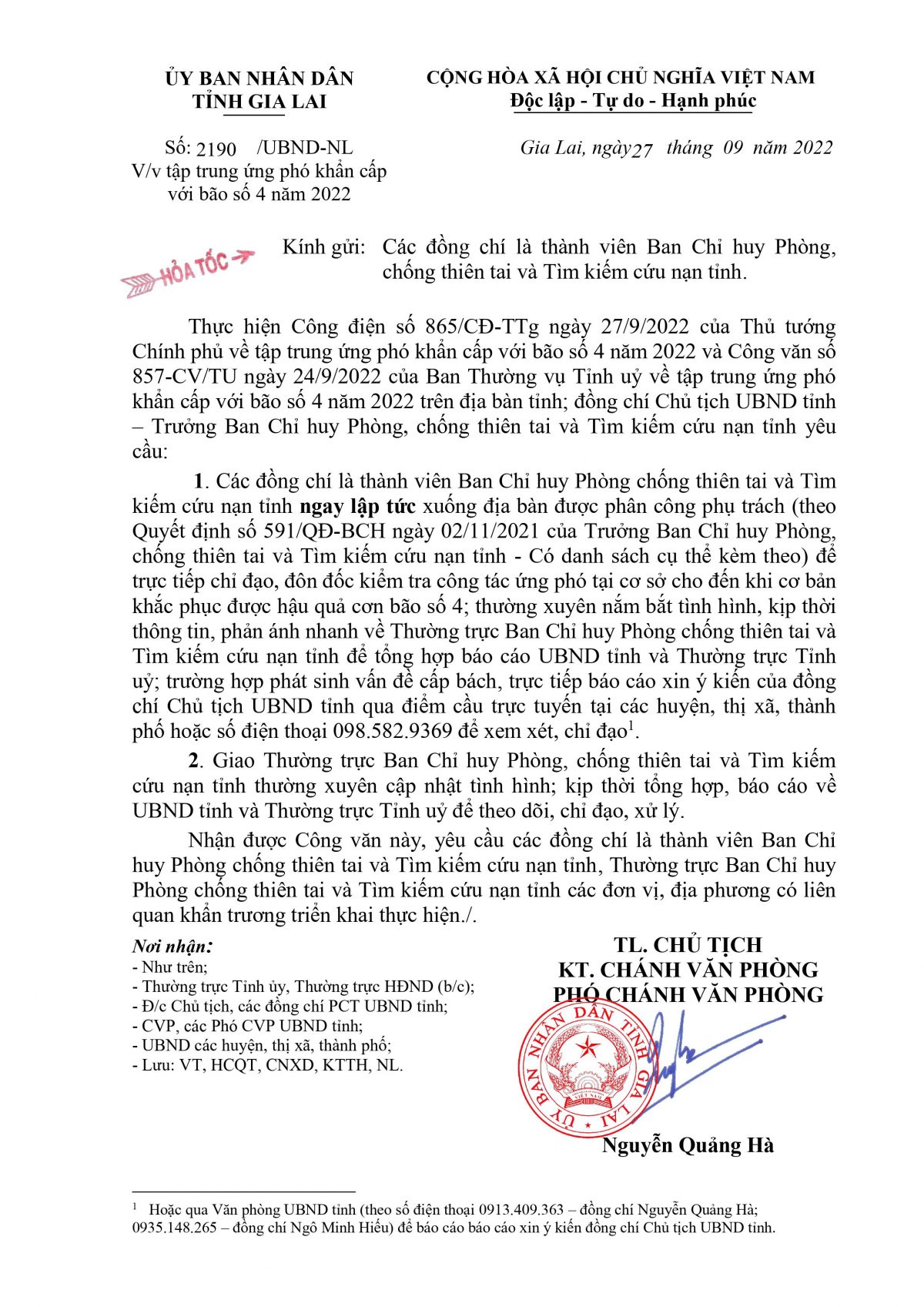 Công văn hỏa tốc 2190 của UBND tỉnh Gia Lai