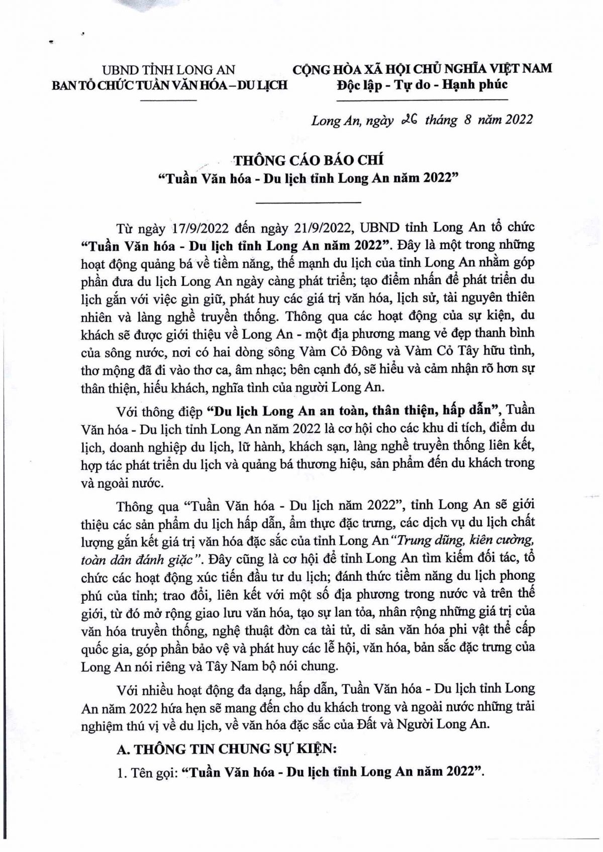Tuần Văn hóa – Du lịch tỉnh Long An năm 2022
