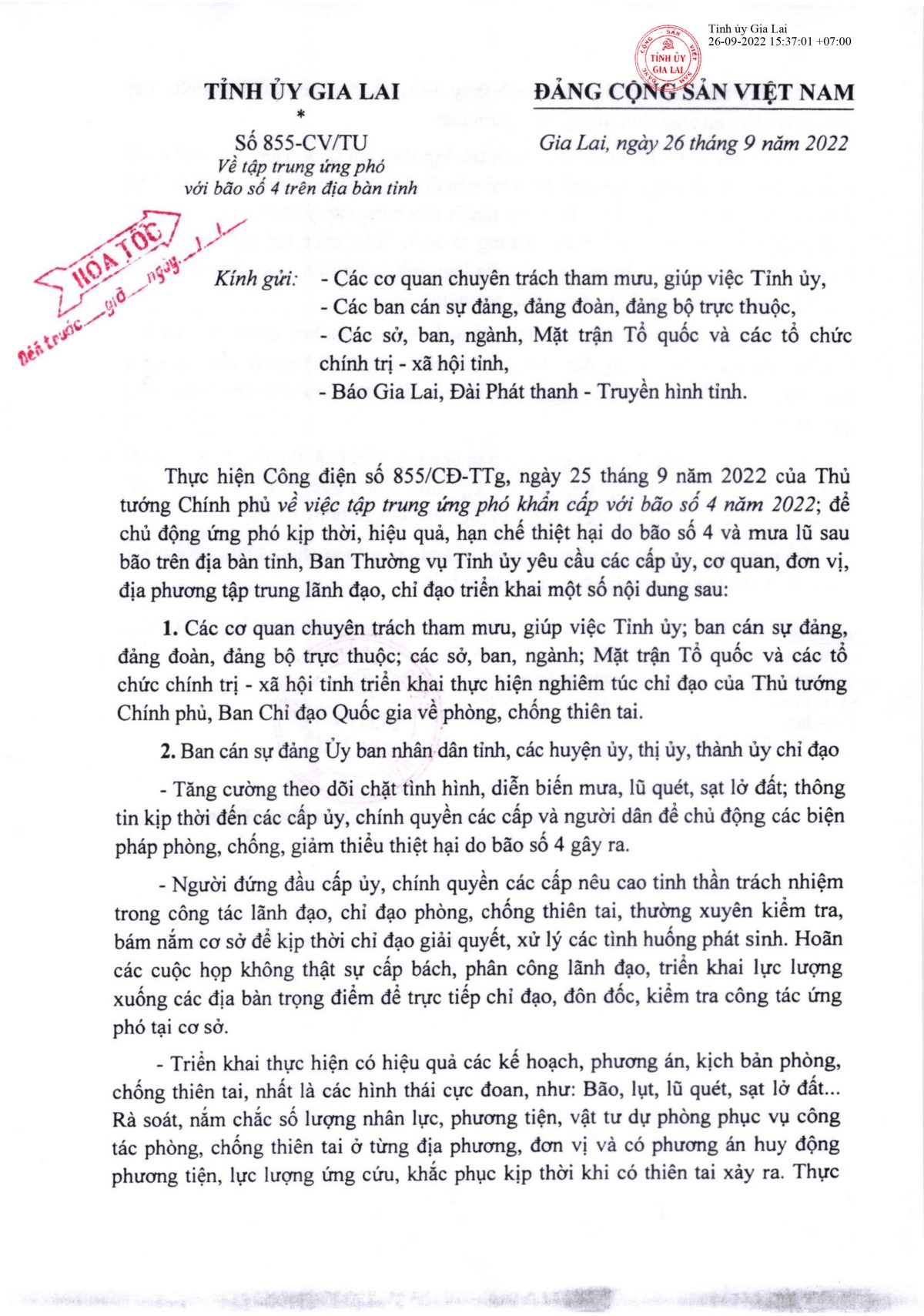 Công điện hỏa tốc 855 của Tỉnh ủy Gia Lai