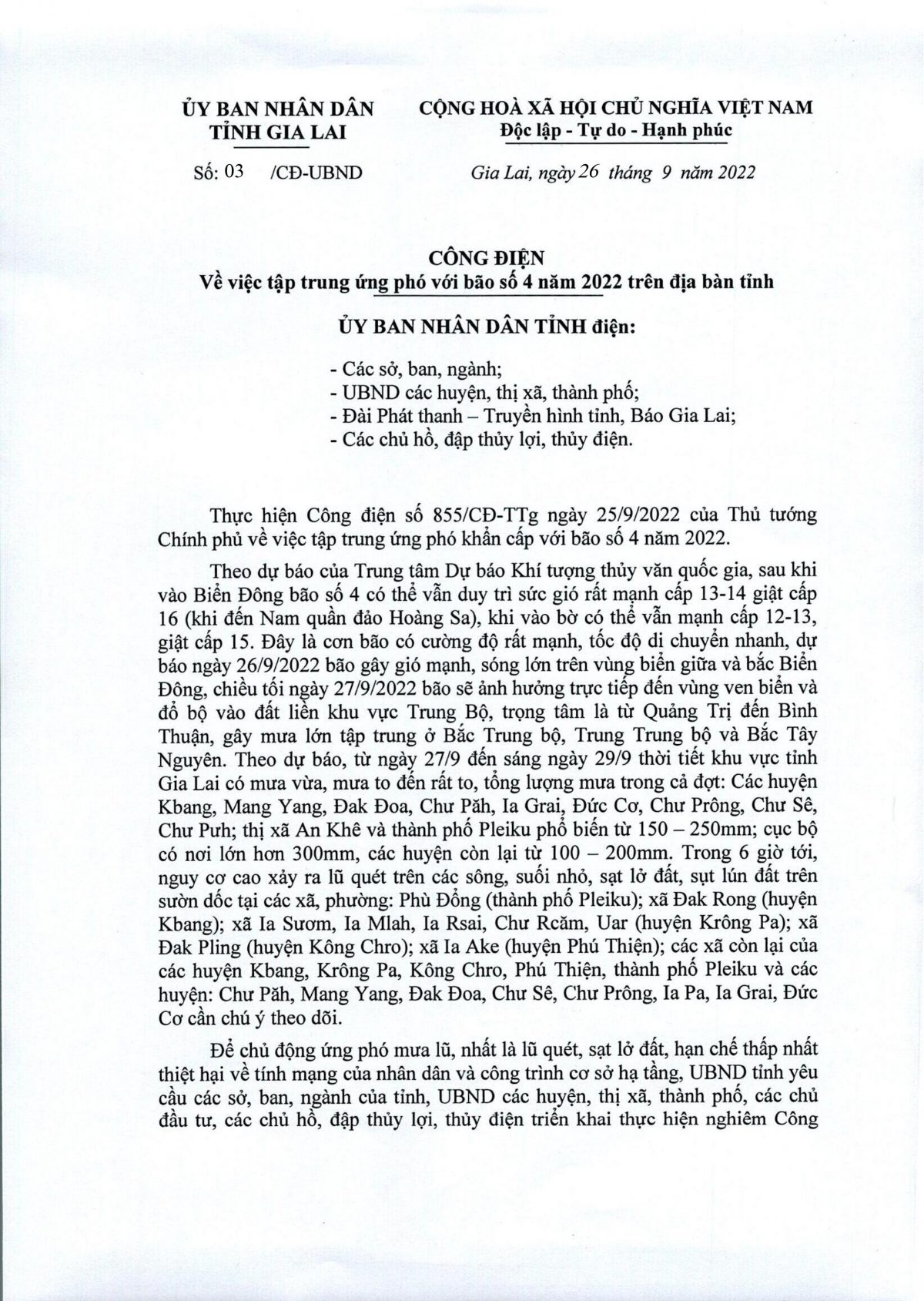 Công điện: Tập trung ứng phó với bão số 4 năm 2022 trên địa bàn tỉnh Gia Lai