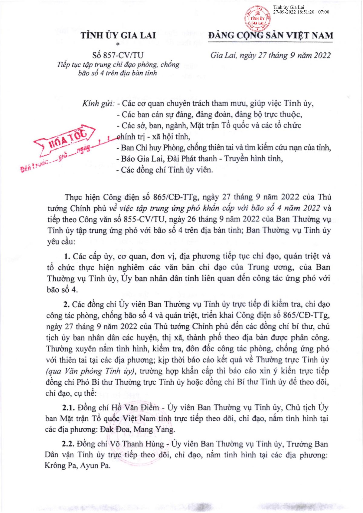 Công văn hỏa tốc 857 của Tỉnh ủy Gia Lai
