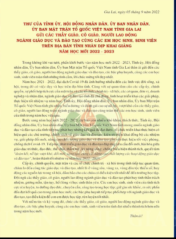 Thư của Tỉnh ủy, HĐND, UBND, UBMTTQVN tỉnh Gia Lai gửi các thầy giáo, cô giáo, người lao động Ngành Giáo dục và Đào tạo cùng các em học sinh, sinh viên trên địa bàn tỉnh nhân dịp Khai giảng năm học mới 2022-2023