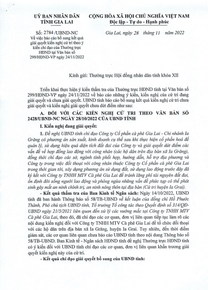 Công văn số 2784 của UBND tỉnh Gia Lai về việc báo cáo bổ sung kết quả giải quyết kiến nghị cử tri theo ý kiến chỉ đạo của Thường trực HĐND tỉnh tại văn bản số 299/HĐND-VP ngày 24/11/2022