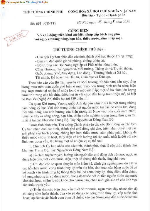 Công điện hỏa tốc của Thủ tướng Chính phủ về việc chủ động triển khai các biện pháp cấp bách ứng phó với nguy cơ nắng nóng, hạn hán, thiếu nước, xâm nhập mặn