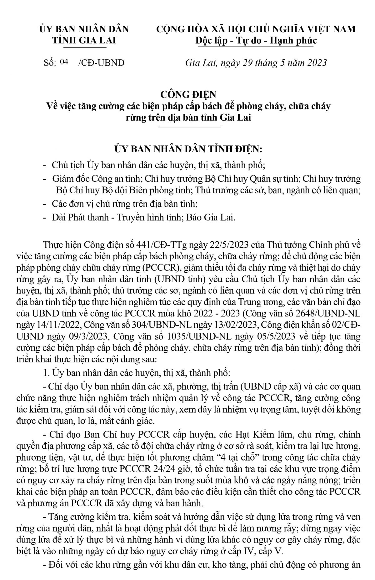 CÔNG ĐIỆN Về việc tăng cường các biện pháp cấp bách để phòng cháy, chữa cháy rừng trên địa bàn tỉnh Gia Lai