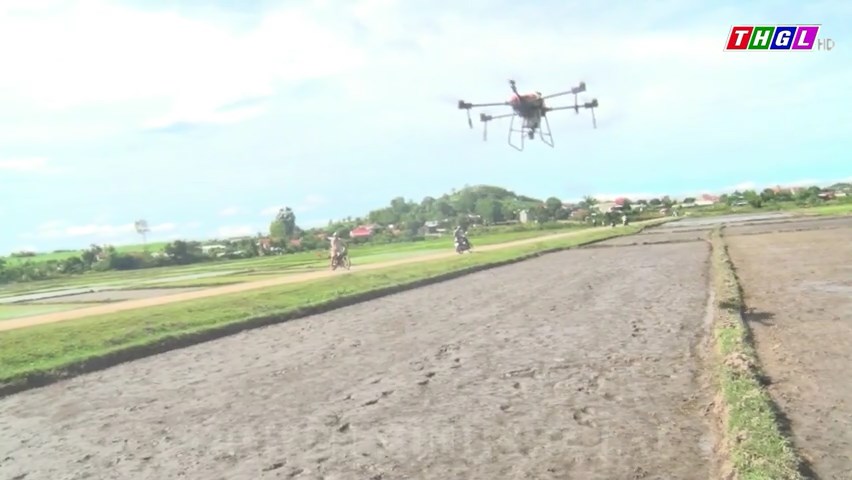 Trình diễn phun thuốc trừ cỏ, sâu bệnh cho lúa bằng thiết bị bay không người lái tại huyện Kbang