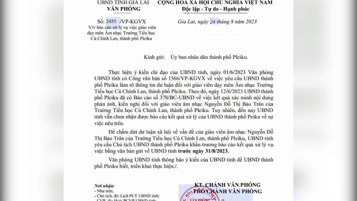 UBND tỉnh yêu cầu Báo cáo xử lý vụ việc giáo viên dạy môn Âm nhạc Trường Tiểu học Cù Chính Lan, TP. Pleiku