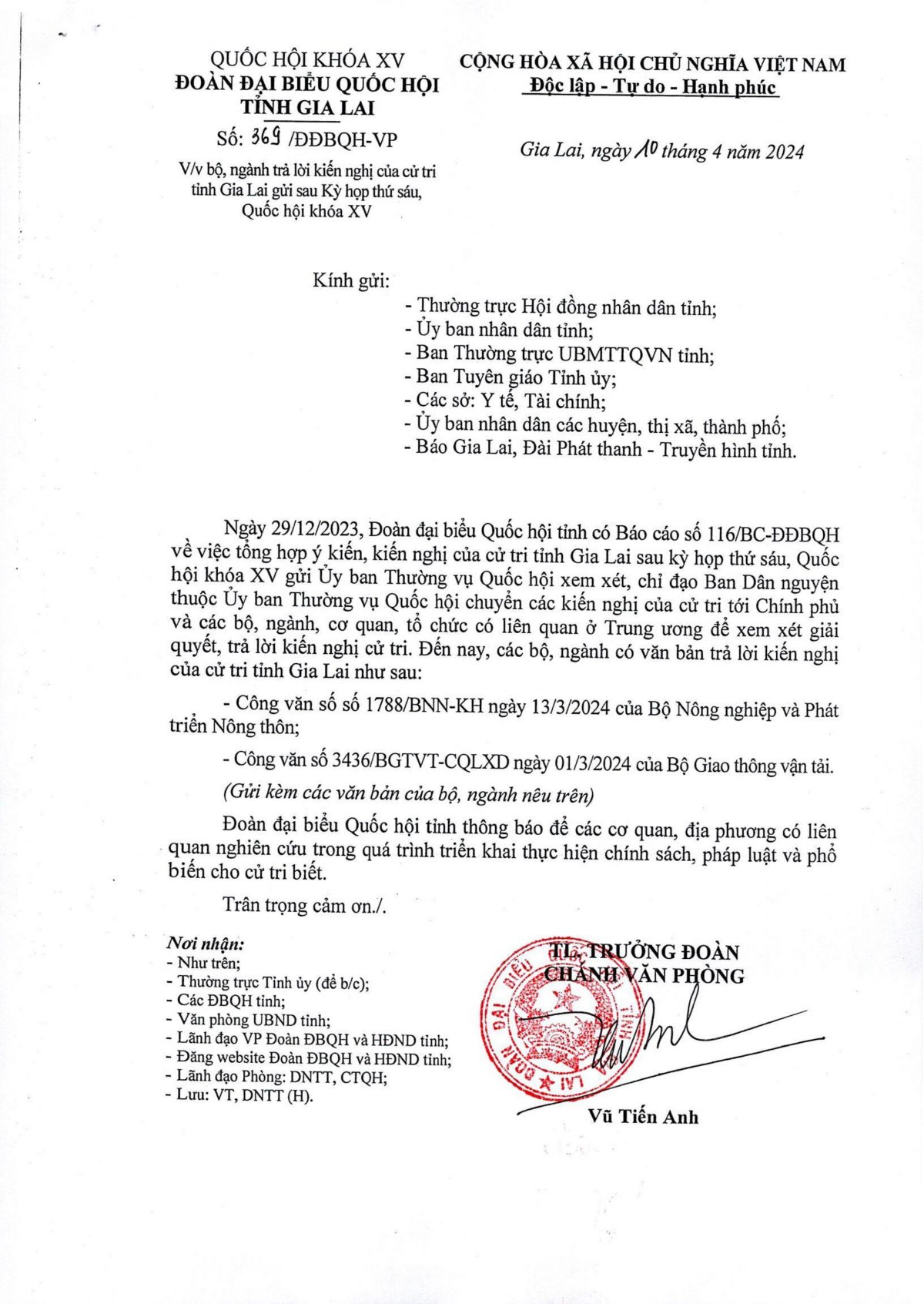 Bộ, ngành trả lời kiến nghị của cử tri tỉnh Gia Lai gửi sau kỳ thứ sáu QH khóa XV
